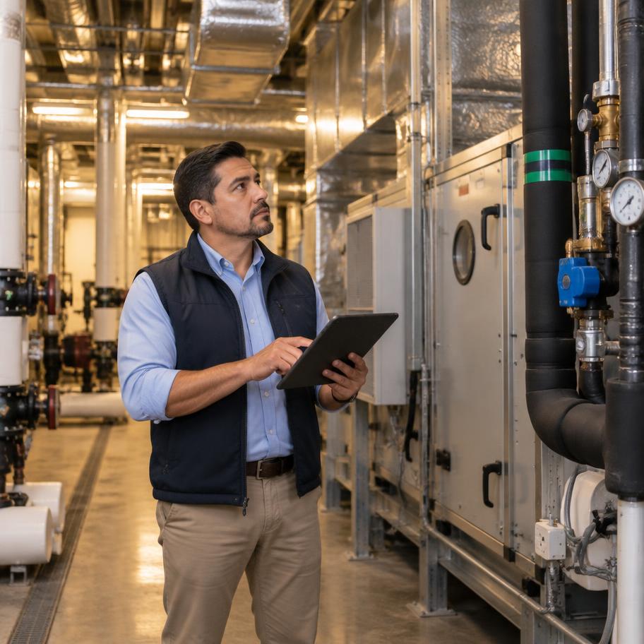 Hotel mechanical room with HVAC equipment